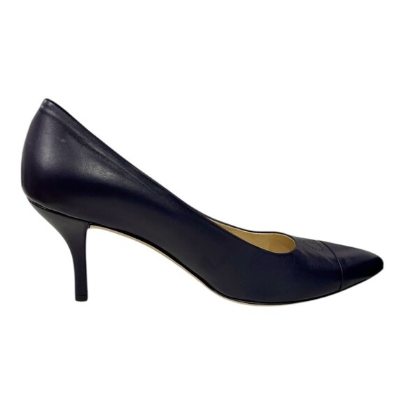 Salvatore Ferragamo Navy Leather Pumps Size 10 B Made in Italy Pointed Toe Logo - Picture 7 of 13